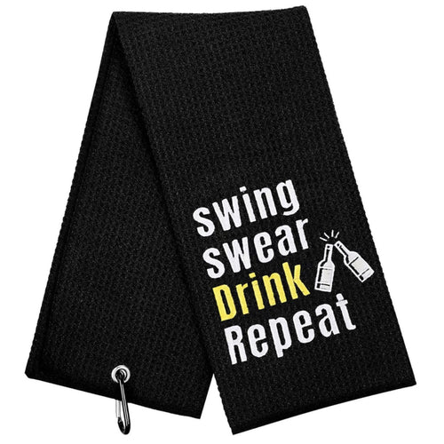 Aikiprety Funny Golf Towel Embroidered Golf Towels for Golf Bags with Clip Golf Gifts for Men Women Golf Accessories Christmas Birthday Gift for Golf Fan Swing Swear Drink Repeat Black